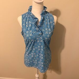 J McLaughlin Ruffle Sleeveless Blouse Blue Patterned Size Medium